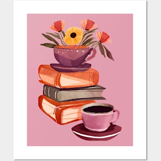 Books Flowers and Coffee Cup, Cute Watercolor Posters and Art